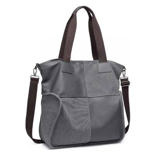 Paneled contrast large capacity canvas shoulder bag - grey - Ashton and Finch