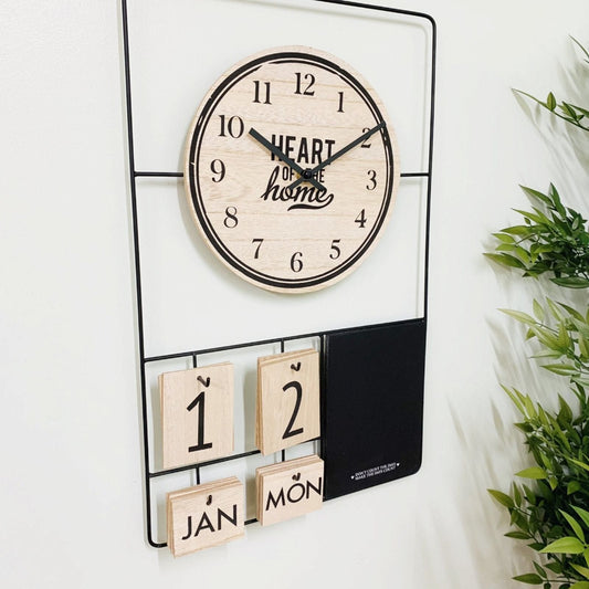 Metal & Wood Clock, Date & Memo Board 52x33cm - Ashton and Finch