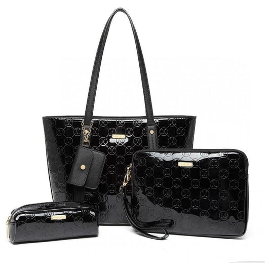 4 pieces glossy leather tote bag set - black - Ashton and Finch