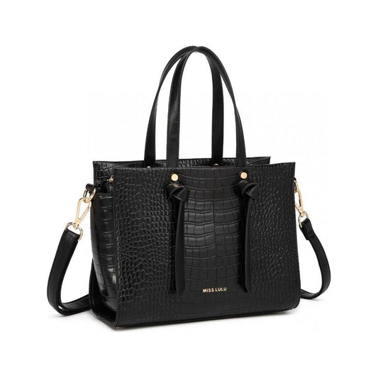 Crocodile pattern large capacity leather cross-body handbag - black - Ashton and Finch