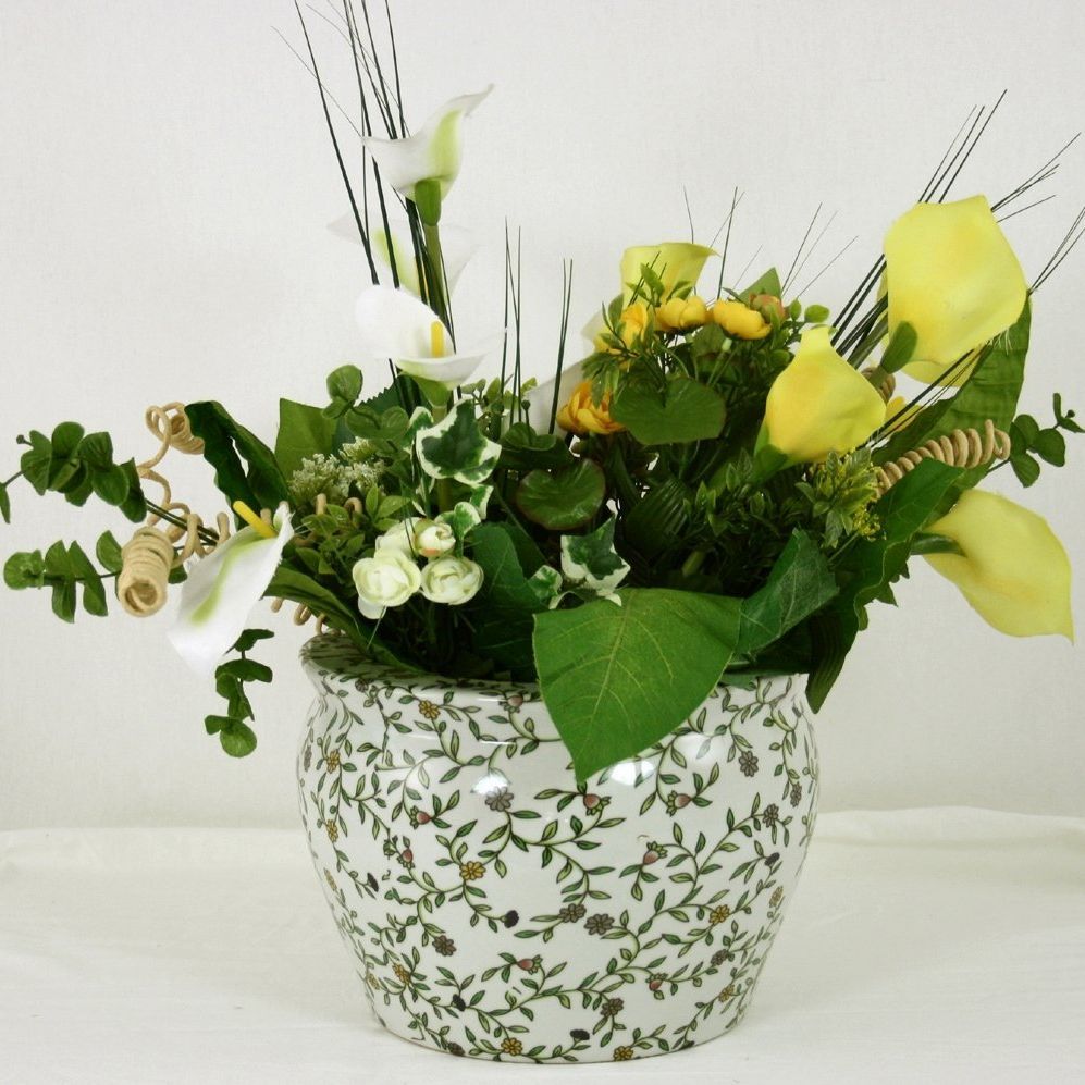 Ceramic Planter, Vintage Green & White Floral Design - Ashton and Finch