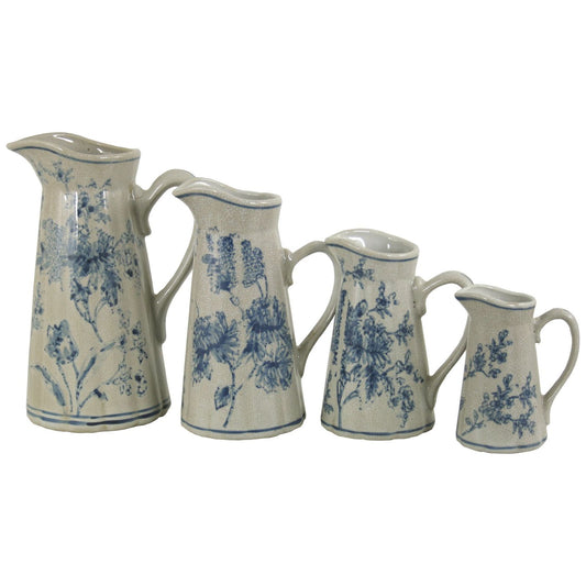 Set of 4 Ceramic Jugs, Vintage Blue & White Magnolia Design - Ashton and Finch