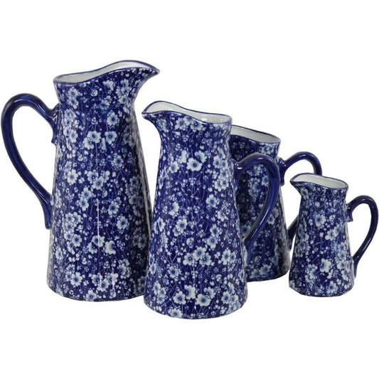 Set of 4 Ceramic Jugs, Vintage Blue & White Daisies Design - Ashton and Finch