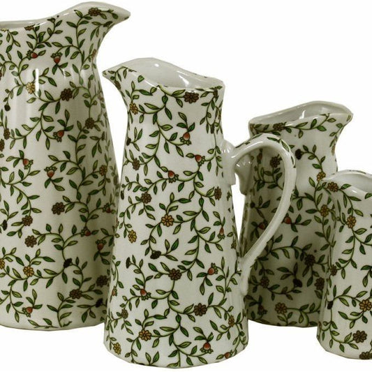 Set of 4 Ceramic Jugs, Vintage Green & White Floral Design - Ashton and Finch