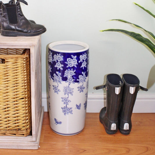 Umbrella Stand, Vintage Blue & White Flowers and Butterfly Design - Ashton and Finch