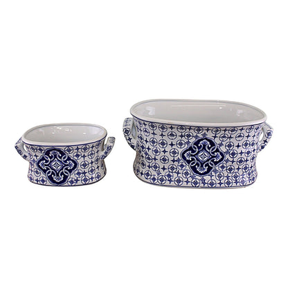 Set of 2 Ceramic Footbath Planters, Vintage Blue & White Circular Design - Ashton and Finch