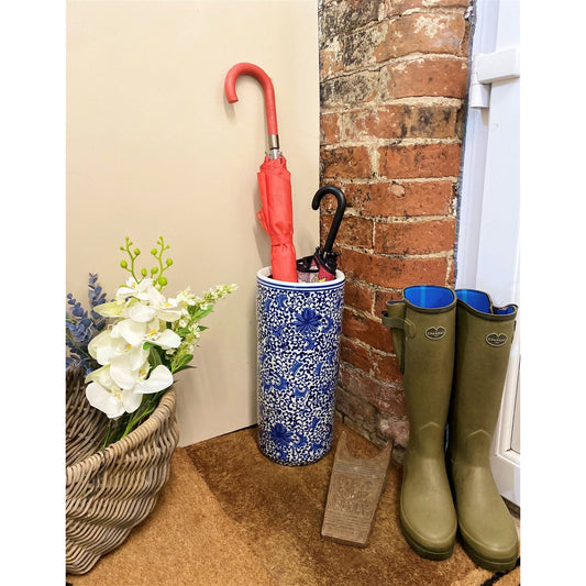 White With Blue Floral Print Umbrella Stand - Ashton and Finch