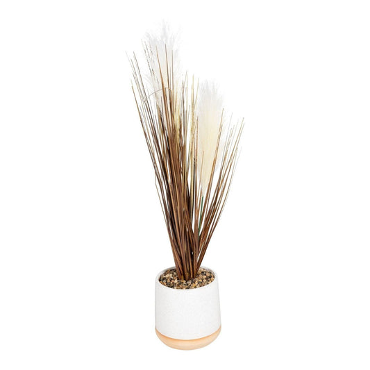 Artificial Grasses In A White Pot With White Feathers - 50cm - Ashton and Finch
