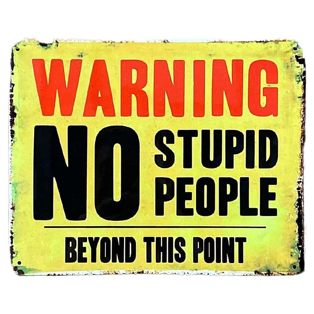 Metal Advertising Wall Sign - Warning No Stupid People Beyond This Point - Ashton and Finch