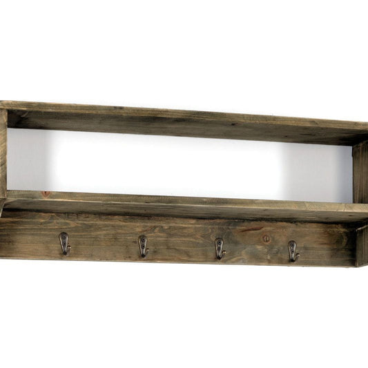 Wooden Wall Shelf with 4 Hooks 54 x 10 x 18 cm - Ashton and Finch