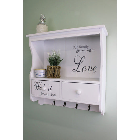 Wall Unit in White with Hooks, Drawers & Shelf - Ashton and Finch