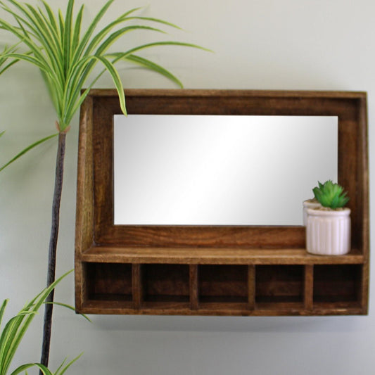 Mango Wood Wall Shelf With Mirror & Storage Slots - Ashton and Finch