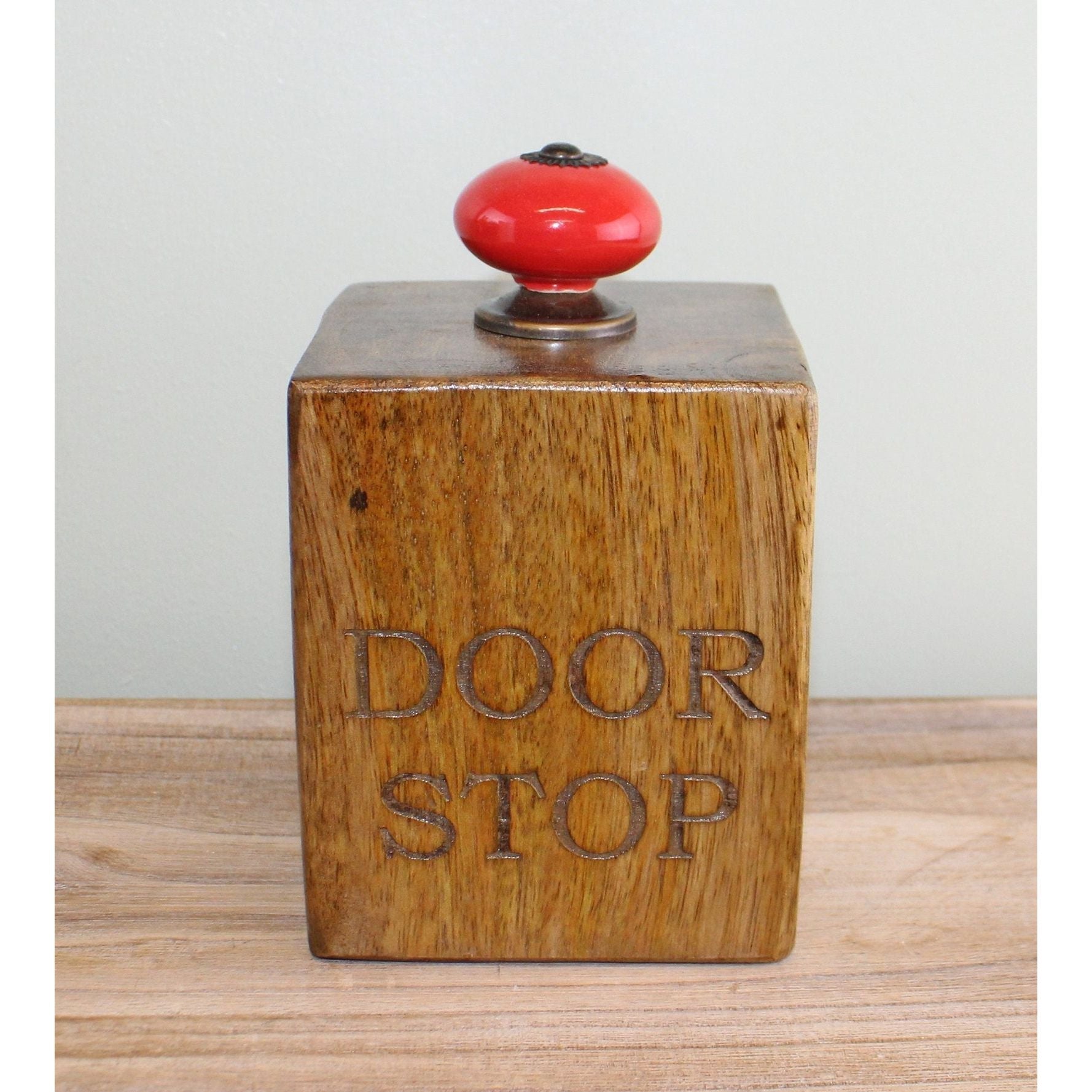 Mango Wood Doorstop With Red Ceramic Knob - Ashton and Finch