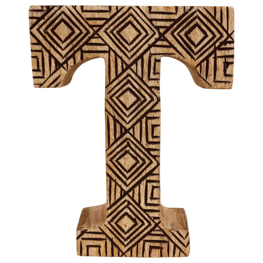 Hand Carved Wooden Geometric Letter T - Ashton and Finch