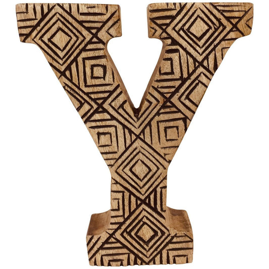 Hand Carved Wooden Geometric Letter Y - Ashton and Finch