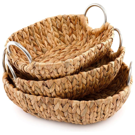Set of 3 Oval Raffia Natural Baskets With Metal Handles - Ashton and Finch
