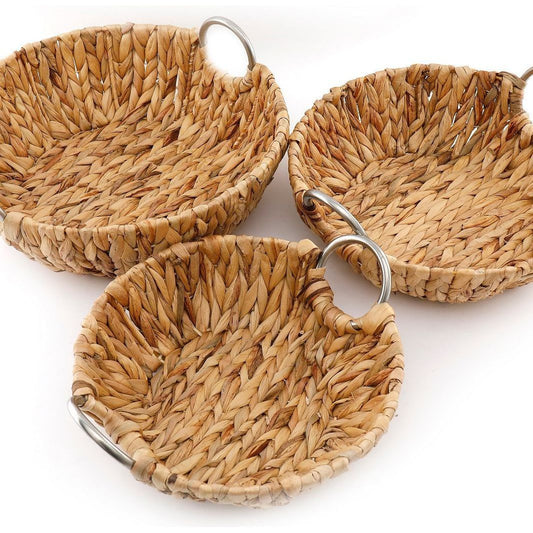 Set of 3 Round Raffia Natural Baskets With Metal Handles - Ashton and Finch