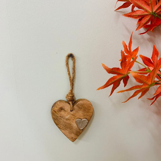 Wooden Hanging Heart With Silver Metal Heart - Ashton and Finch