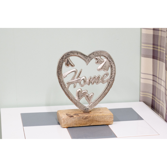 Metal Silver Heart Home On A Wooden Base Large - Ashton and Finch
