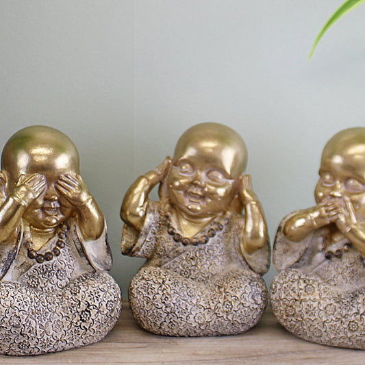 Set of 3 Gold Buddha Ornaments, See No Evil, Hear No Evil, Speak No Evil - Ashton and Finch