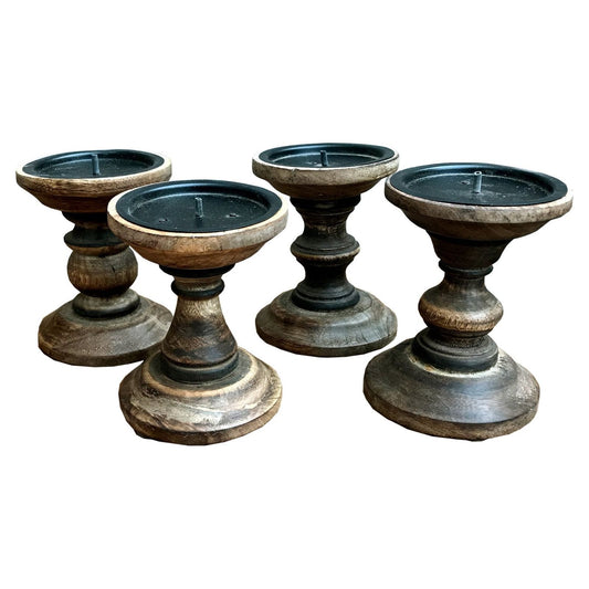 Set of 4 Brown Wooden Candlestick Church Pillar Candle Holders - Ashton and Finch
