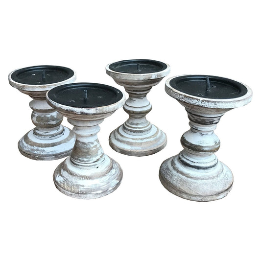 Set of 4 White Wooden Candlestick Church Pillar Candle Holders - Ashton and Finch