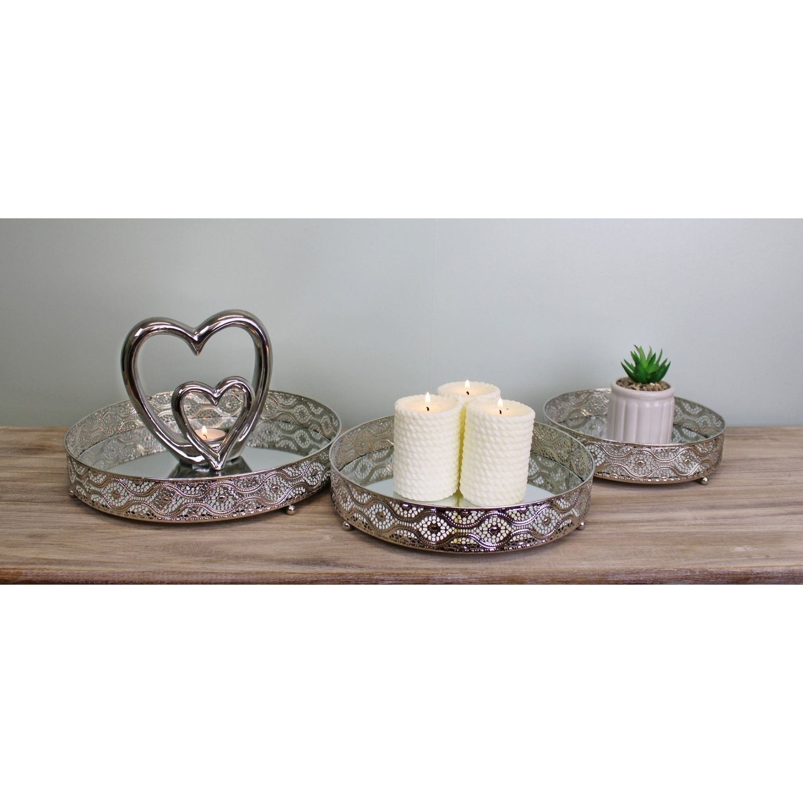 Set Of 3 Silver Metal and Mirrored Candle Plates - Ashton and Finch