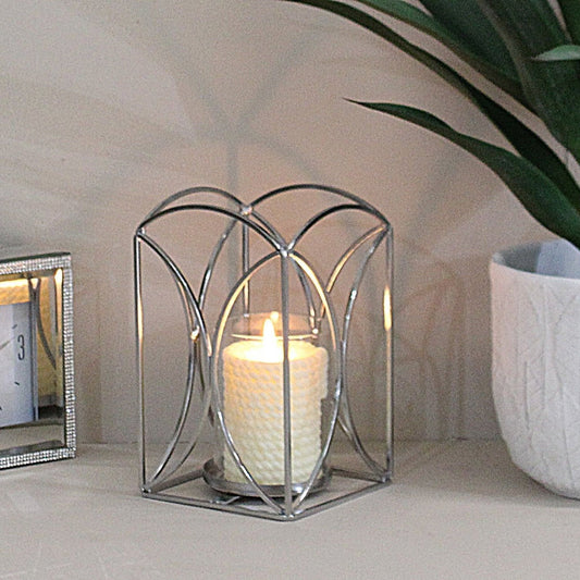 Small Silver Metal & Glass Candle Lantern, 18.5cm. - Ashton and Finch