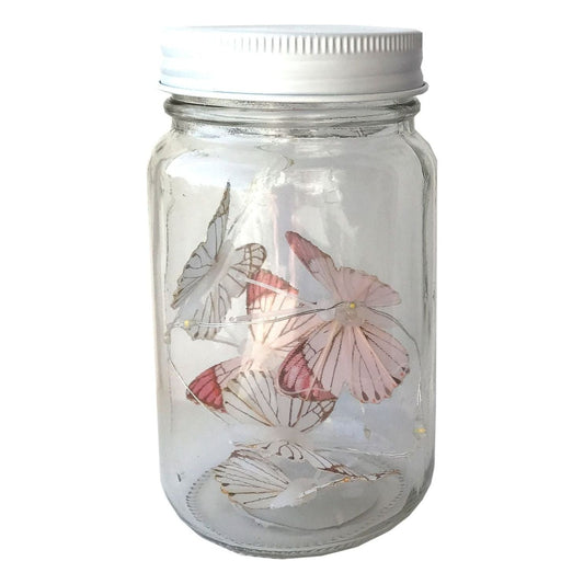 Butterfly Led Light Chain In Glass Jam Jar - Pink - Ashton and Finch