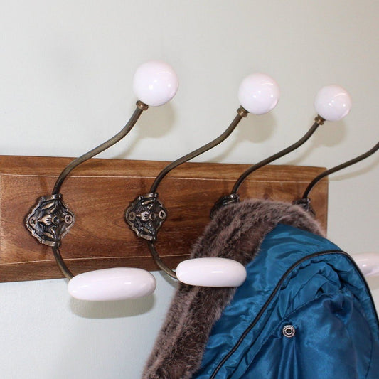 4 Double White Ceramic Coat Hooks On Wooden Base - Ashton and Finch