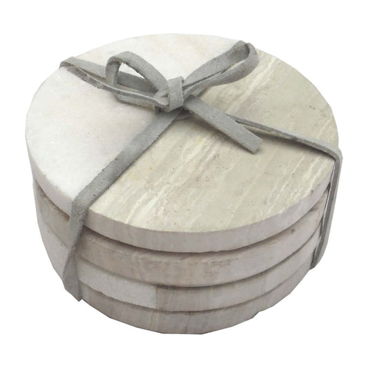 Set of 4 Wood Effect Marble Coasters - Round - Ashton and Finch