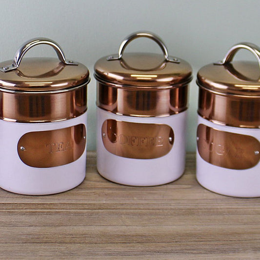 Set of 3 Tea, Coffee & Sugar Canisters, Copper & White Metal Design - Ashton and Finch