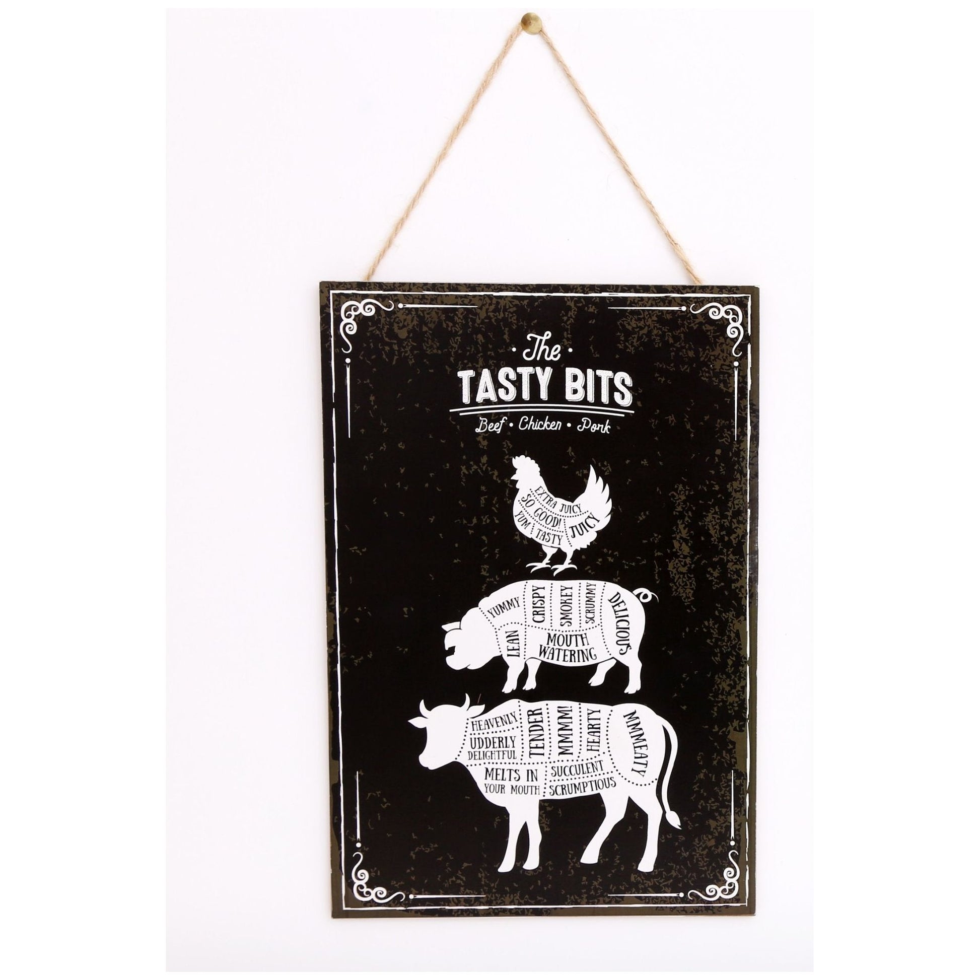 The Tasty Bits Wooden Hanging Plaque in Brown - Ashton and Finch