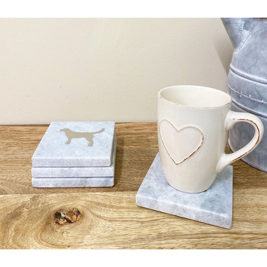 Four Square White Marble Coasters With Gold Dog Design - Ashton and Finch