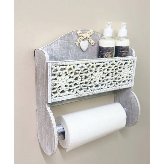 Grey Wooden Kitchen Towel Holder With Cutout Pattern Shelf - Ashton and Finch