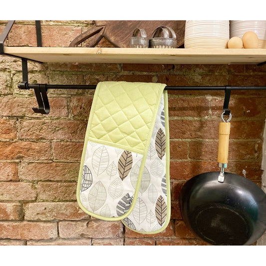 Kitchen Double Oven Glove With Contemporary Green Leaf Print Design - Ashton and Finch