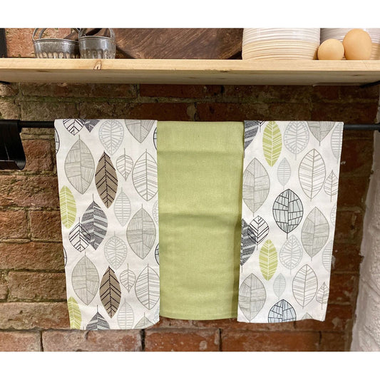 Pack of 3 Kitchen Tea Towels With Contemporary Green Leaf Print Design - Ashton and Finch