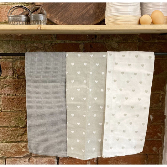 Pack of 3 Kitchen Tea Towels With A Grey Heart Print Design - Ashton and Finch