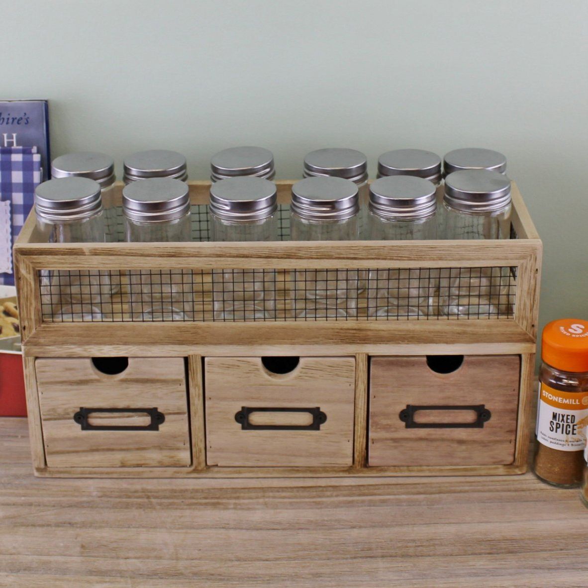 12 Jar Freestanding Spice Rack With Bottles & 3 Drawer Cabinet - Ashton and Finch