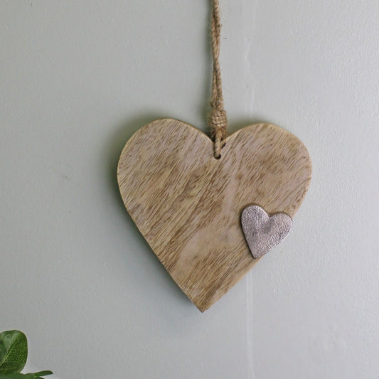 Wooden Hanging Heart Ornament with Silver Heart - Ashton and Finch