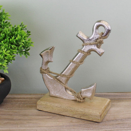 Silver Metal Anchor Ornament On Wooden Base - Ashton and Finch