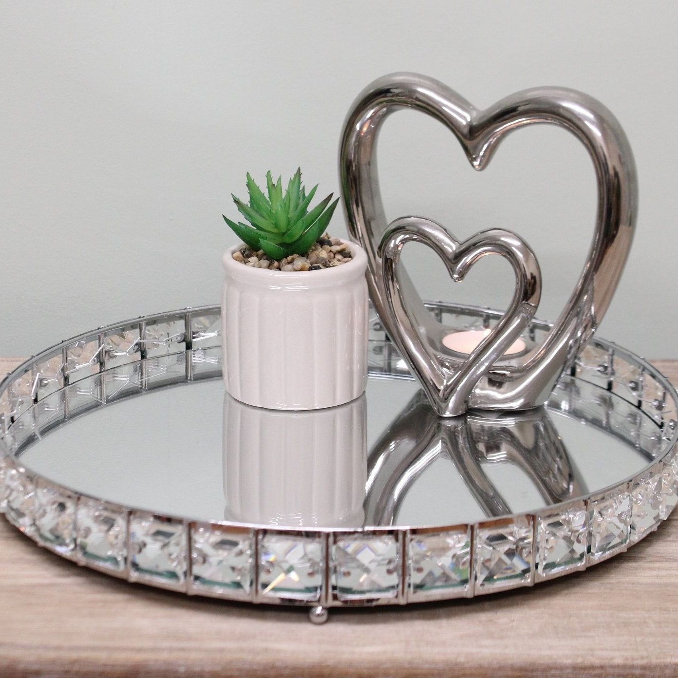 Large Mirrored Silver Tray With Bead Design, 31cm. - Ashton and Finch