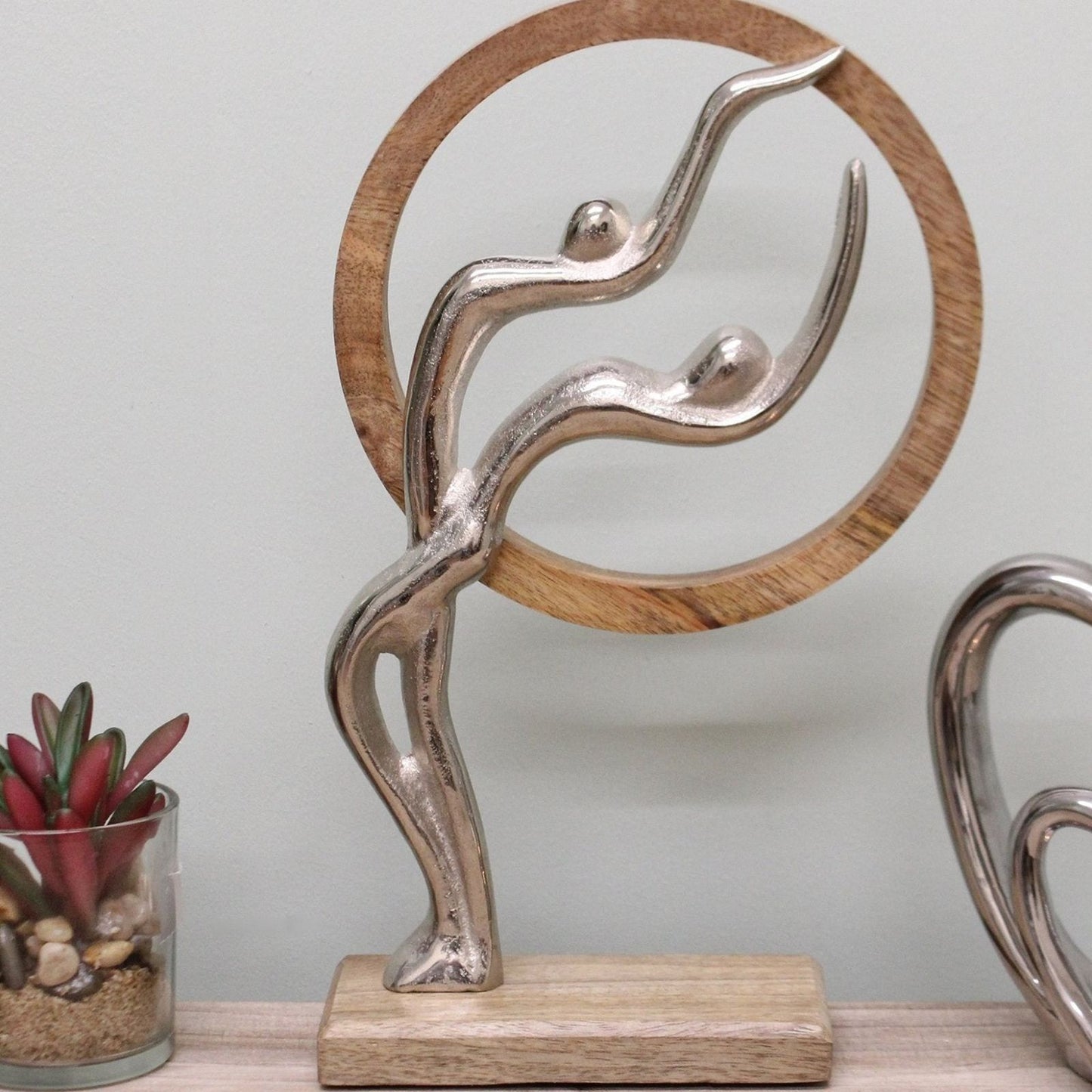 Abstract Ornament, Silver Couple In Wooden Circle, 31cm. - Ashton and Finch