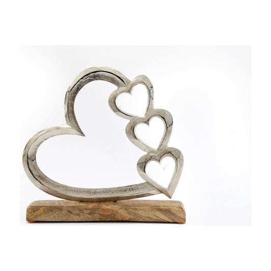 Metal Silver Four Heart Ornament On A Wooden Base Large - Ashton and Finch