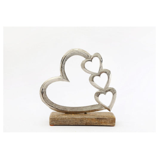 Metal Silver Four Heart Ornament On A Wooden Base Medium - Ashton and Finch