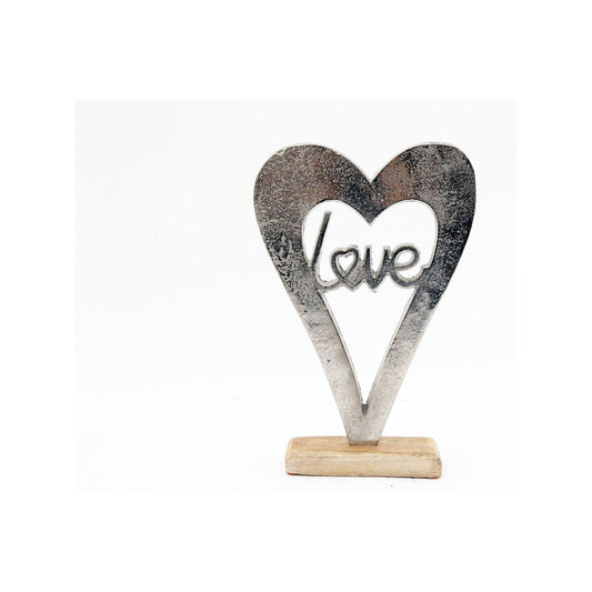 Metal Silver Heart Love On A Wooden Base Large - Ashton and Finch