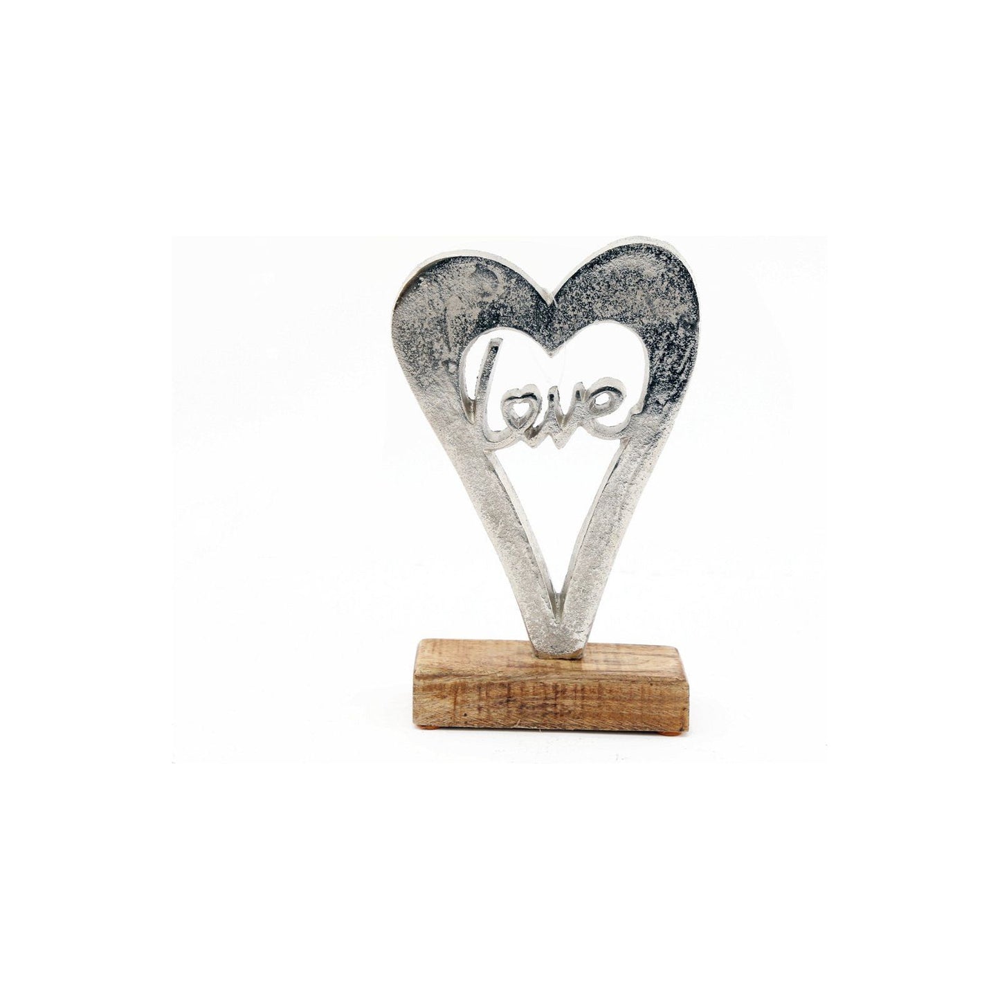 Metal Silver Heart Love On A Wooden Base Small - Ashton and Finch