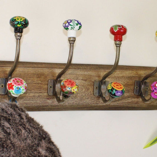 Mexican Floral Ceramic Hooks on Wooden Base - Ashton and Finch