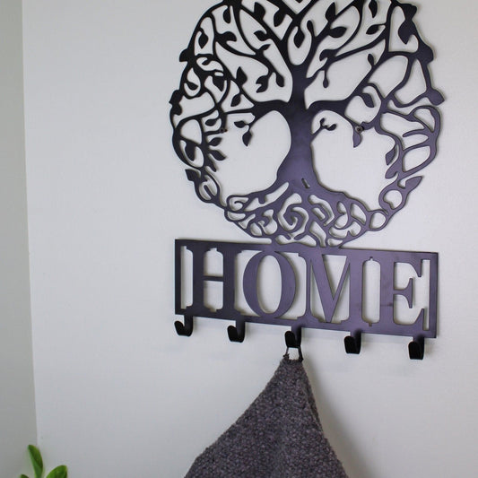 Black Metal Wall Plaque Tree of Life Featuring Hooks - Ashton and Finch