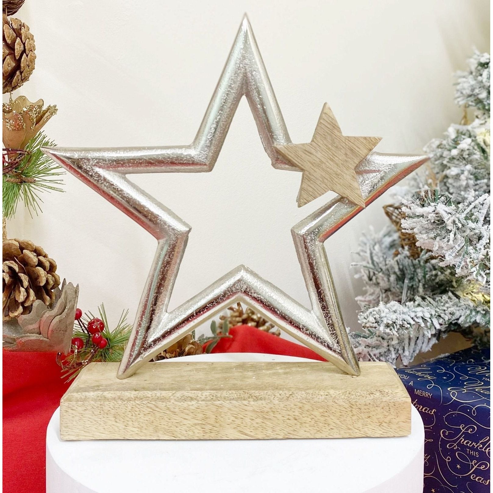 Silver Star On Wooden Base Decoration - Ashton and Finch